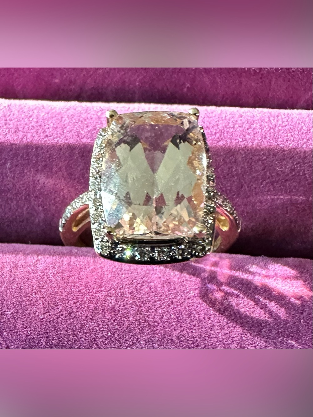 Solid 14K Yellow Gold Genuine Champagne Kunzite & Diamond Halo Statement Ring 7